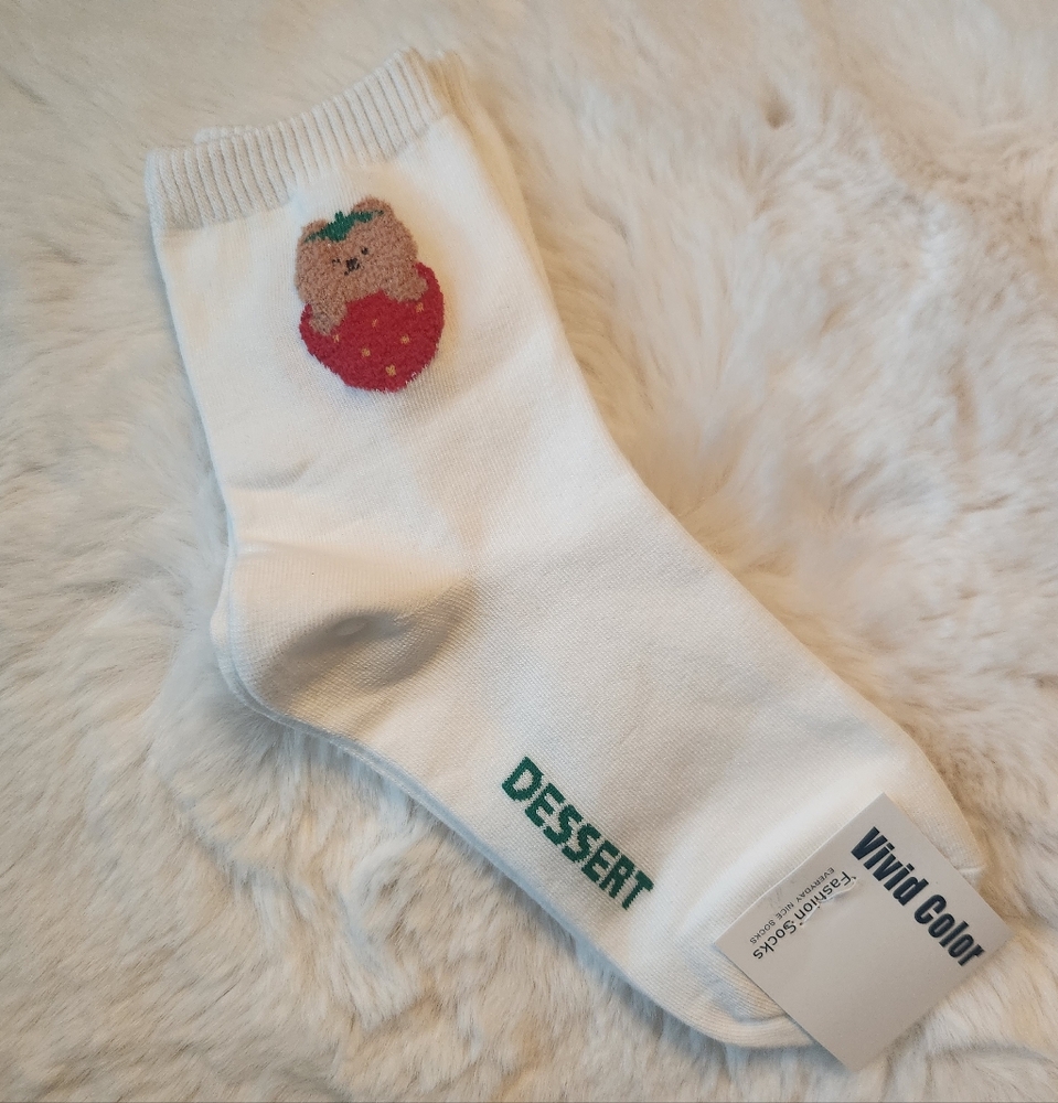 Cute bear strawberry white socks